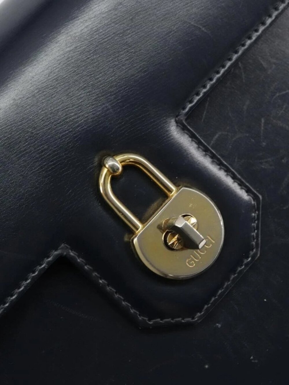 GUCCI Hand Bag Leather Navy Gold Auth - Picture 7 of 8